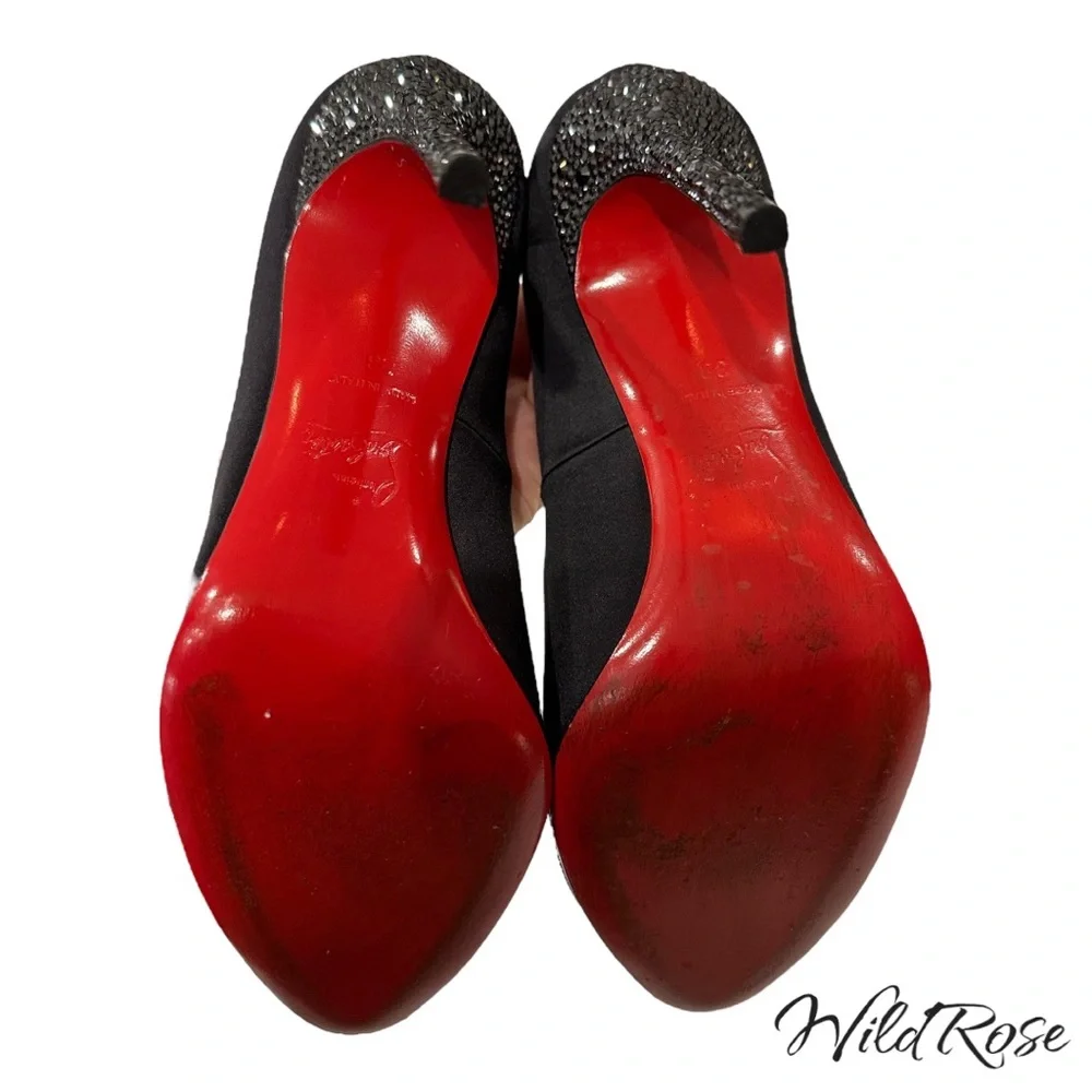 CHRISTIAN LOUBOUTIN Black Satin Rhinestone Embellished Heels SZ 38 - Picture 10 of 15